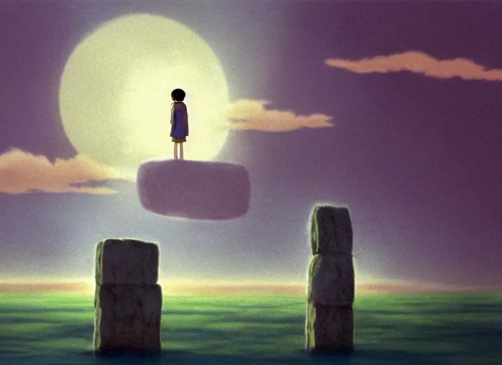 Image similar to a realistic cell - shaded studio ghibli concept art from paprika ( 2 0 0 6 ) of a floating cube from close encounters of the third kind ( 1 9 7 7 ) and a grey caveman meditating on top of a pillar in a flooded stonehenge on a misty starry night. very dull colors, hd, 4 k, hq