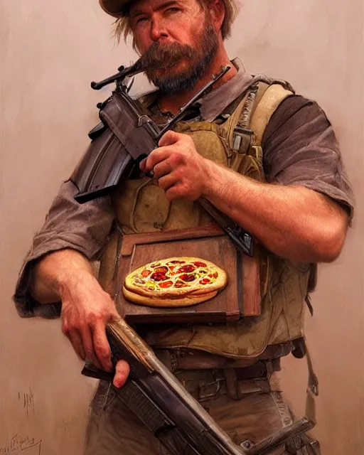 Image similar to a man with rifle in hand eating a pizza, scar under eye, cover page very intricate | cinematic lighting | award - winning | closeup portrait | by donato giancola and mandy jurgens and charlie bowater | featured on artstation