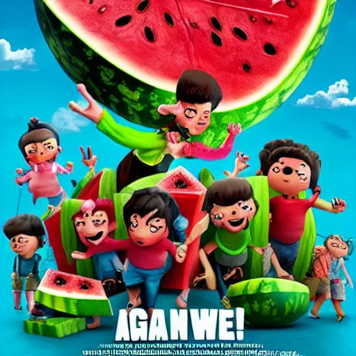 Prompt: a giant watermelon rampage town , movie poster