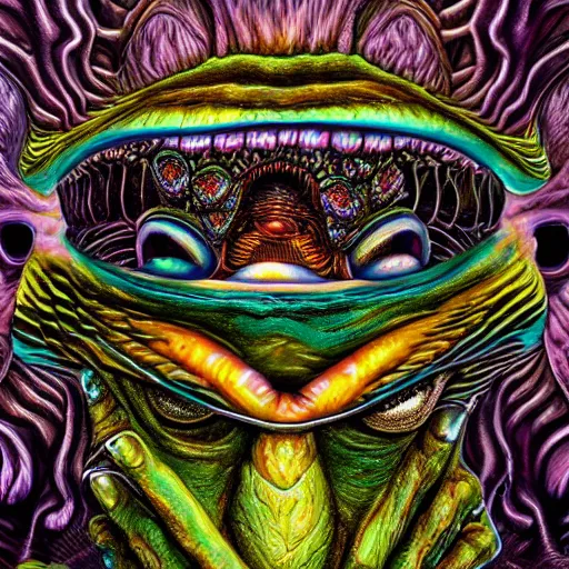 Prompt: dark fantasy, 4 k, textured 3 d, intense detail, psychedelic frog, amazing background, eyeball in center of hideous monster, alex grey style