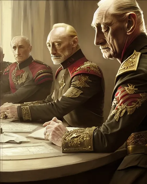 Image similar to tywin lannister discusses war strategy with his generals | | realistic shaded, fine details, realistic shaded lighting painting by greg rutkowski, diego gisbert llorens, magali villeneuve, artgerm, jeremy lipkin, michael garmash, rob rey