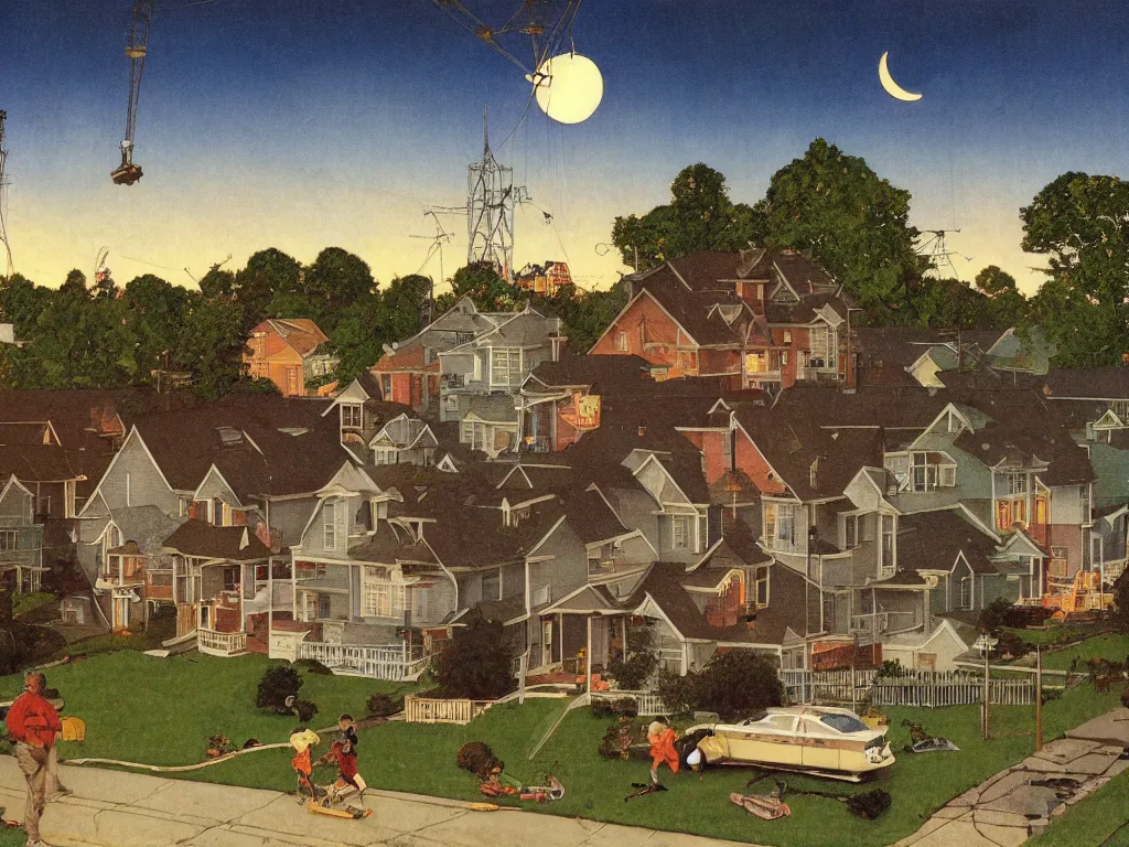 Prompt: Norman Rockwell painting of a suburban neighborhood on a summer night with a subtle massive triangular alien mothership floating above, power lines, very wide shot, long shot, Wes Anderson