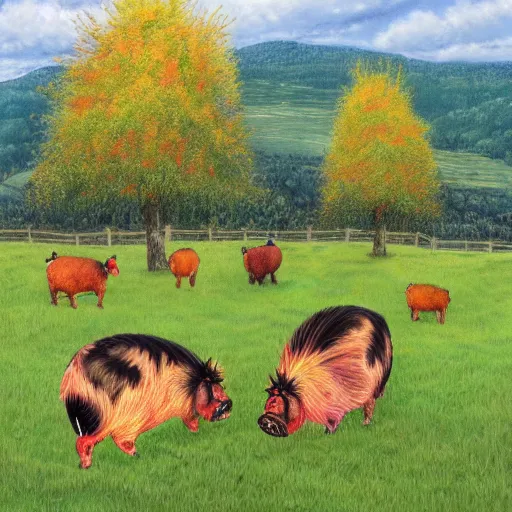 Prompt: four majestic kunekune pigs, standing side by side in an apple orchard, down memory lane, rolling mountains in the distance, highly detailed, artstation, sharp focus, bob ross