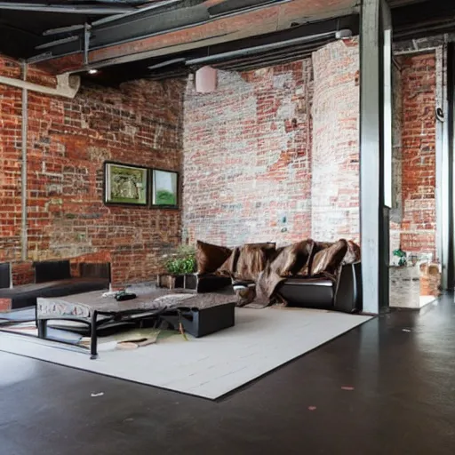 Image similar to trendy downtown loft with modern murals on the wall, contemporary art, and patterns, interior design, rustic industrial architecture