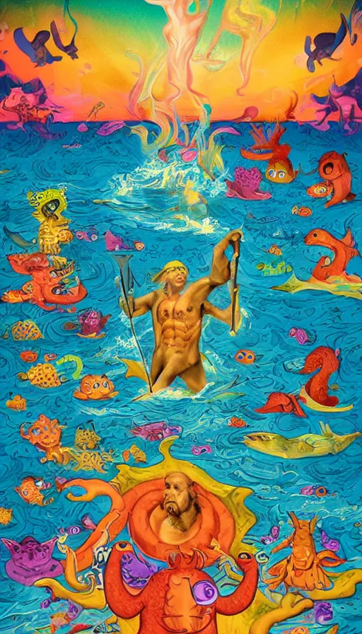 Prompt: man on boat crossing a body of water in hell with creatures in the water, sea of souls, by lisa frank,