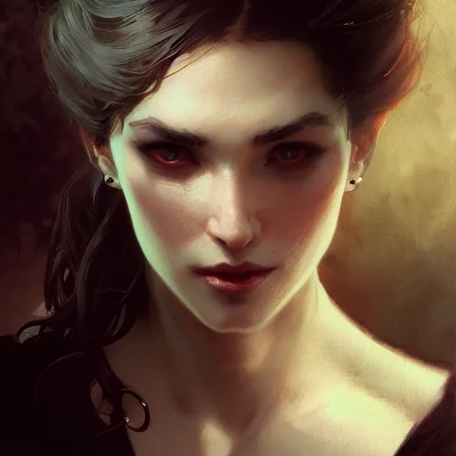 Prompt: portrait of a vampire by Stanley Artgerm Lau , greg rutkowski, thomas kindkade, alphonse mucha, loish, norman rockwell. Trending on artstation rule of thirds detailed illustration hd 4k