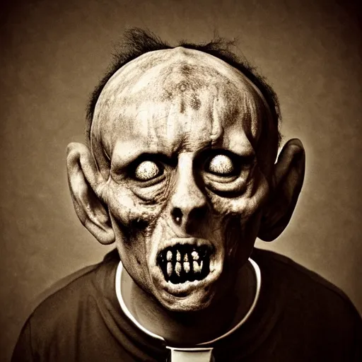 Image similar to a priest with no mouth holding a zombie head, realistic, found footage style, sepia photography