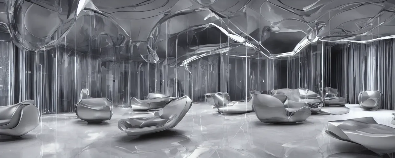 Prompt: relaxing _ futuristic room _ with _ a _ silver _ furniture _ high _ quality _ 8 _ k _ architecture _ symmetrical _ harmonious _ compositin