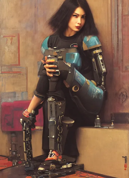 Image similar to Nikki Tanaka. Beautiful Feminist Cyberpunk mechanic with robotic legs. (Cyberpunk 2077, bladerunner 2049). Iranian orientalist portrait by john william waterhouse and Edwin Longsden Long and Theodore Ralli and Nasreddine Dinet, oil on canvas. Cinematic, vivid colors, hyper realism, realistic proportions, dramatic lighting, high detail 4k