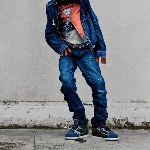 Image similar to teenage bboy, long shaggy hair permed hair, double denim, heavy rocker, 2 0 2 2 photograph