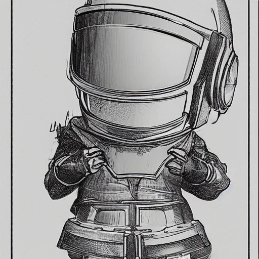 Image similar to sketch of a cute chibi dnd daft punk gnome inventor tinkerer wearing a helmet, walking cautiously, etching by louis le breton, moebius 1 8 6 9, 1 2 0 0 dpi scan