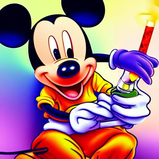 Prompt: mickey mouse smoking a bong, highly detailed, amazing digital art, vibrant, smoke