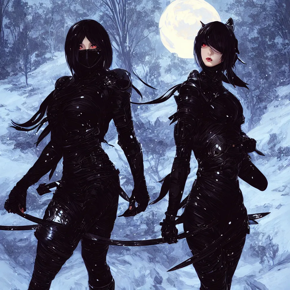 Image similar to portrait ninja gaiden girl, armored black plastic ninja wardrobe, at snowy fuji mountain moonlight, ssci - fi and fantasy, intricate and beautiful and elegant, digital painting, frostbite engine, artstation, concept art, smooth and sharp focus, illustration, art by tian zi and wlop and alphonse mucha