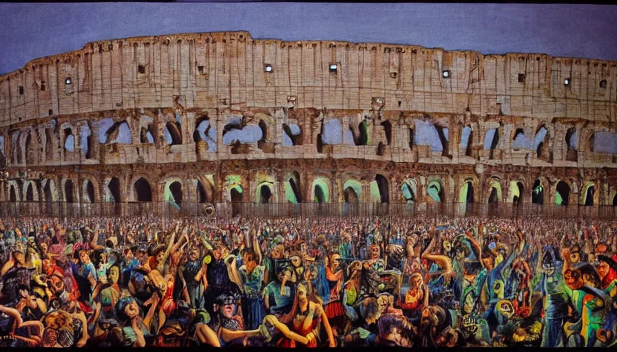 Image similar to rave party at the Colosseum by Kelly Freas