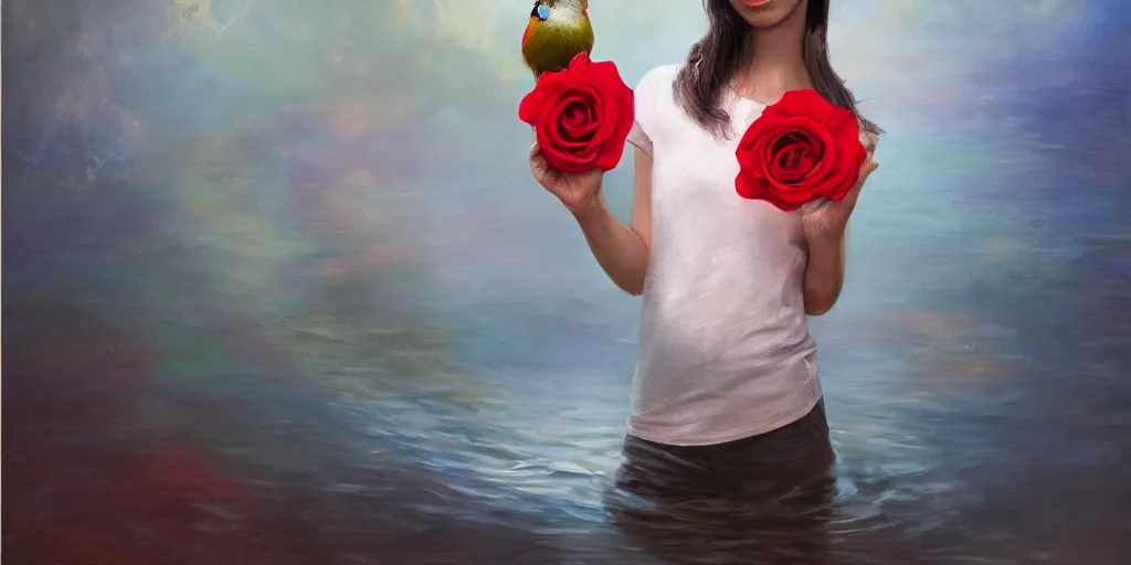 Image similar to portrait of bird holding a rose in a river. hyperrealistic oil painting, 4k, studio lightning, very detailed faces