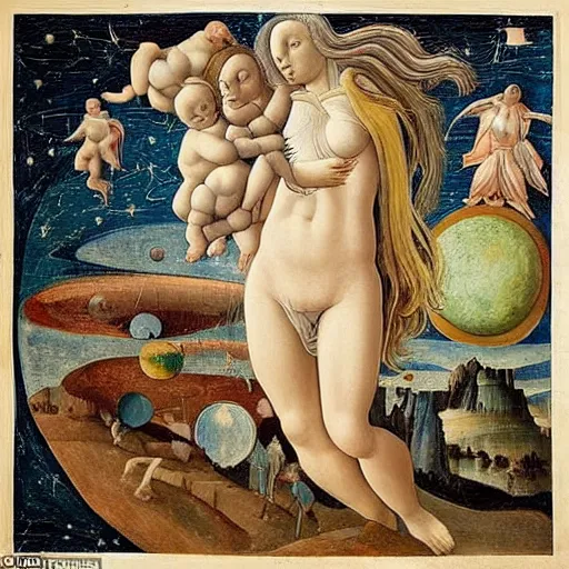 Prompt: woman stargazing stars planets aliens, inspired by botticelli, bosch, in collection of louvre, hyperdetailed, detailed