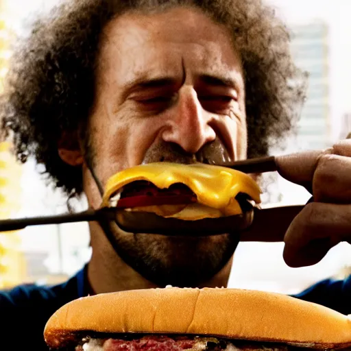 Image similar to kenny g unhinging his jaw to eat a gigantic burger, epic, cinematic, realism, ultra detailed, 8 k, film still