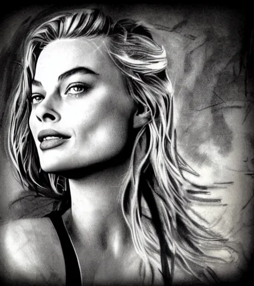 Image similar to tattoo sketch of margot robbie mash up in amazing mountain scenery and nature, double exposure effect, in the style of arlo dicristina, hyper realism, amazing detail, sharp