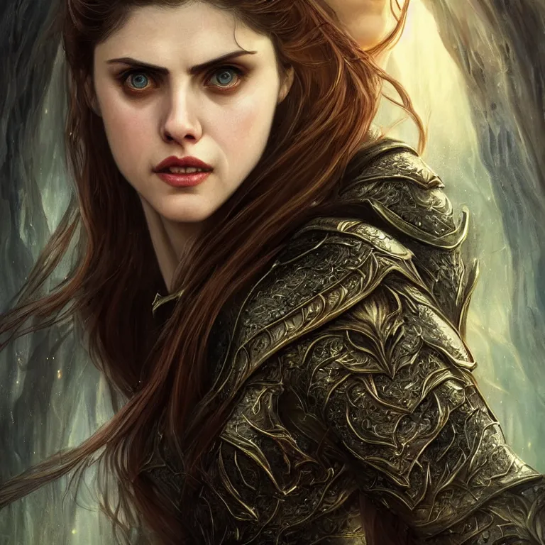 Image similar to beautiful cinematic fantasy poster with Alexandra Daddario from Middle-Earth, fantasy, portrait, sharp focus, intricate, elegant, digital painting, artstation, matte, highly detailed, concept art, illustration, ambient lighting, hybrid from The Elden Ring and art direction by Darius Zawadzki ;by artgerm; wayne reynolds art station; cinematic quality character render; low angle; ultra high quality model; production quality cinema model;