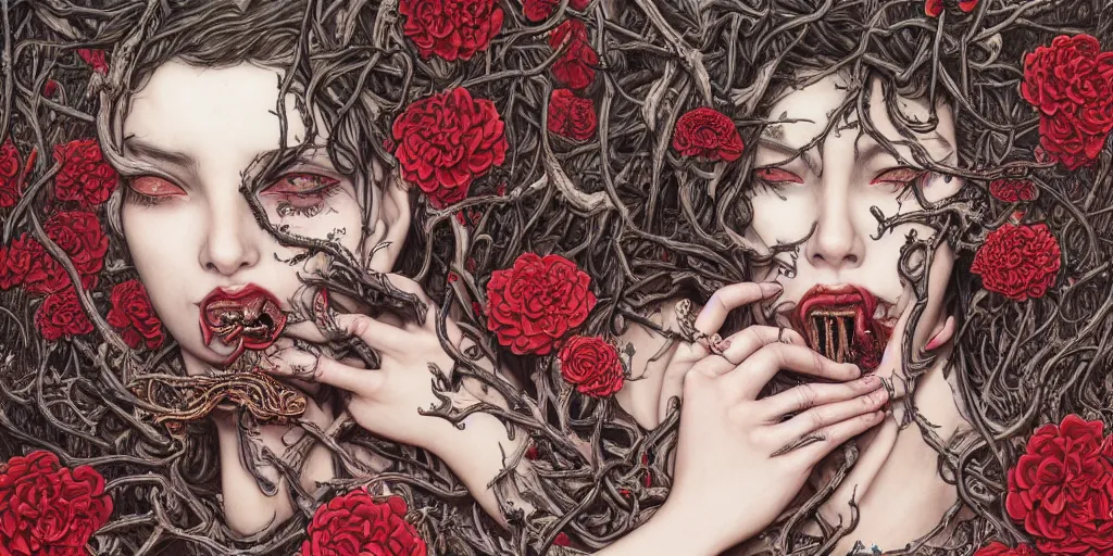 Image similar to breathtaking detailed concept art painting of a woman with black snakes crawling in her mouth, blood tears, flowers, death, twisted thorns and worms, centipedes, rats, dead flowers, by James jean, takato yamamoto, extremely moody lighting, 8K