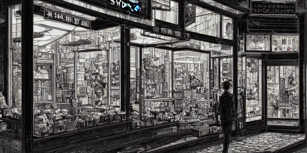 Image similar to s shop window in hong kong, by dan mumford and peter doig and edward hopper, heavy black lines, highly detailed, dramatic lighting, 8 k