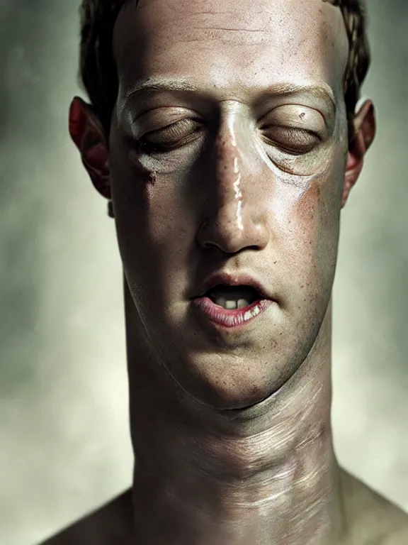 Image similar to portrait of a mark zuckerberg, skin peeling away to reveal reptile skin, art by ryo shiotani and greg rutkowski, intricate, beautiful, cinematic lighting, vintage art by serge ivanoff, high resolution, very detailed