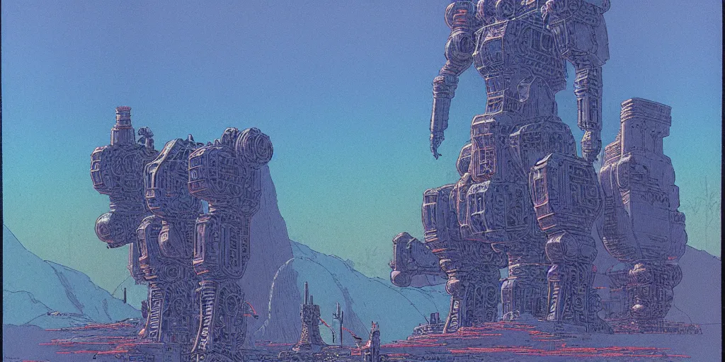 Image similar to grainy risograph matte painting of gigantic huge mech with huge swords, pastel matte colors, staying in the toxic blue canyon, by moebius, hyperrealism, intricate detailed