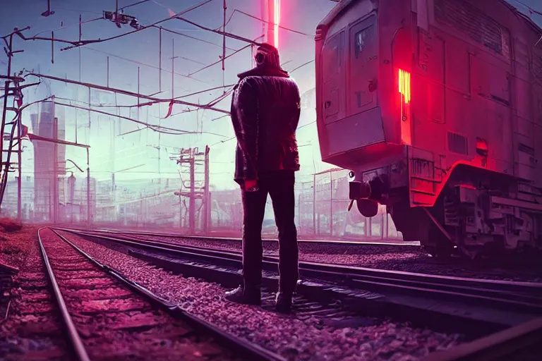 Image similar to a man standing in front of a train on a train track, cyberpunk art by mike winkelmann, trending on cgsociety, retrofuturism, reimagined by industrial light and magic, darksynth, sci - fi