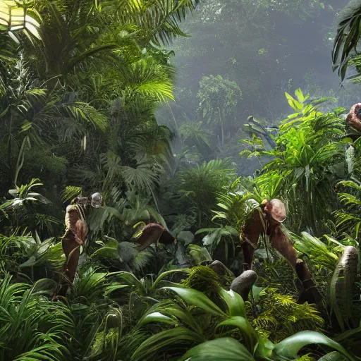 Prompt: « group persons, dark jungle, far view, unreal engine 5, highly detailed, exploring, pretty flowers, »