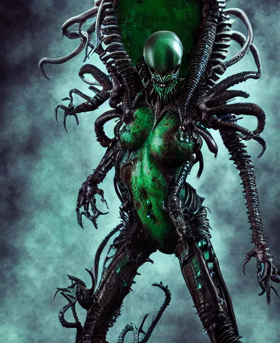 Image similar to xenomorph queen goth model hybrid, dragon eggs, dark emerald mist colors, giger background liminal void, cinematic lighting, realistic, award winning photograph, various refining methods, micro macro autofocus