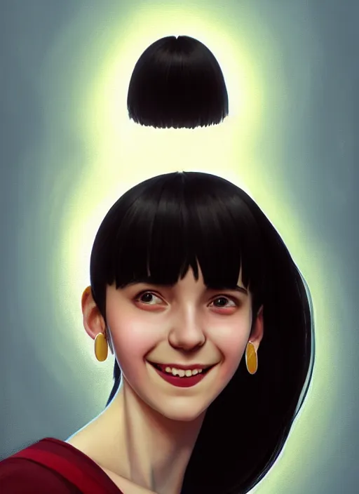 Prompt: portrait of high school girl, realistic, black hair, bangs, half updo hairstyle, pointy nose, skinny, smile, ugly, defined jawline, big chin, blue hair bow, earrings, intricate, elegant, glowing lights, highly detailed, digital painting, artstation, sharp focus, illustration, art by wlop, mars ravelo and greg rutkowski