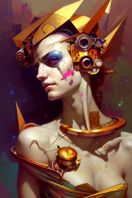 Prompt: portrait, patchwork doll, cyberpunk, elegant baroque, asymmetrical art, emotional, hyperrealism, colorful, vivid, imposing, epic, abstract texture, gold leaf texture, artstation, concept art, by peter mohrbacher and wlop and rhads and artgerm and magali villeneuve and alphonse mucha