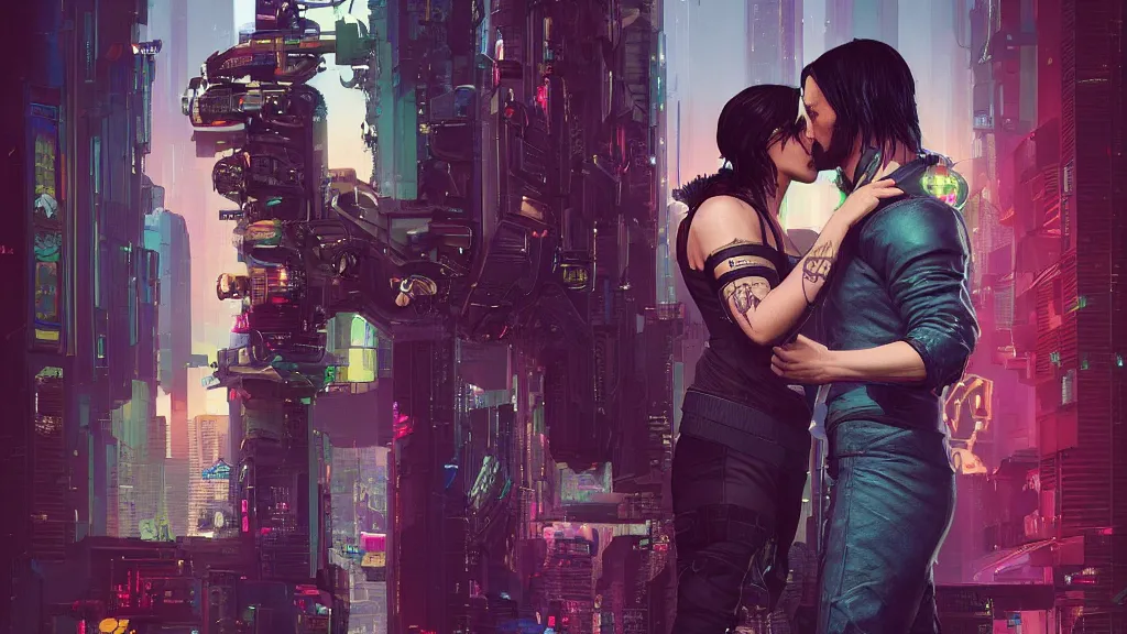 Image similar to a cyberpunk 2077 srcreenshot couple portrait of Keanu Reeves and a female android final kiss in night city,love,film lighting,by Lawrence Alma-Tadema,Andrei Riabovitchev,Laurie Greasley,Dan Mumford,John Wick,Speed,Replicas,artstation,deviantart,FAN ART,full of color,Digital painting,face enhance,highly detailed,8K,octane,golden ratio,cinematic lighting