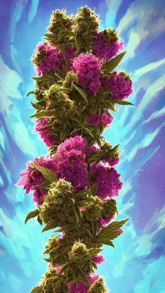 Image similar to An epic fantastic realism comic book style painting of the most beautiful cannabis flowers and buds launched into space, by James Gilleard, dank trichome bouquets, fisheye lens, unreal 5, DAZ, hyperrealistic, octane render, cosplay, RPG portrait, dynamic lighting