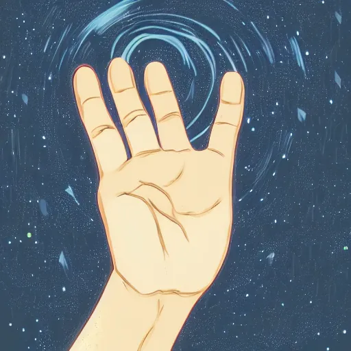 Image similar to a photo of a hand floating by inio asano, aya takano color style, 4 k, super detailed, night sky, digital art, digital painting, celestial, majestic, colorful