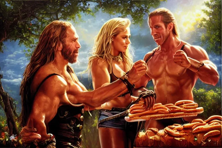 Image similar to portrait of wwf shawn michaels and queen elizabth ii sharing hotdogs, an oil painting by ross tran and thomas kincade