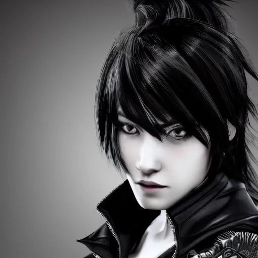 Image similar to highly detailed portrait of black and white haired girl, wearing a black jacket, intricate, cgsociety, cinematic studio lighting
