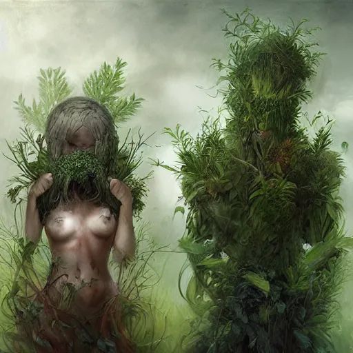 Image similar to a couple with plants growing out of their heads, growth of a couple, rainy day, atmospheric by aleksi briclot