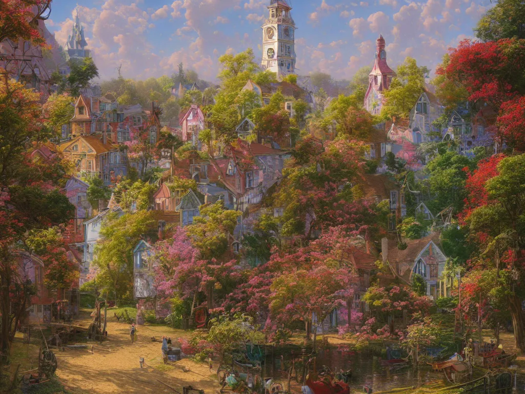 Prompt: a beautiful painting of a small Victorian town in the springtime, a pretty landscape and architecture, by Roberto Aizenberg, Michael Kaluta, Zdzisław Beksiński, Dan Mumford and Thomas Kinkade, 8K, ultrafine detailed, trending on artstation