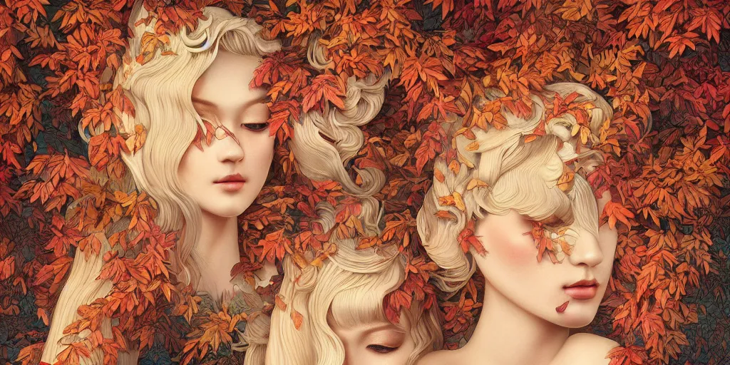 Image similar to breathtaking detailed concept art painting art deco pattern of blonde goddesses faces blend autumn leaves, by hsiao - ron cheng, bizarre compositions, exquisite detail, extremely moody lighting, 8 k