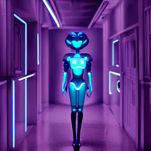 Image similar to blue cyber porcelain doll with led eyes. standing in middle of dark hallway. volumetric light on back. broken neon lighting. cyberpunk. high details, photorealistic, artstation trending. dark mood. anime, akira.