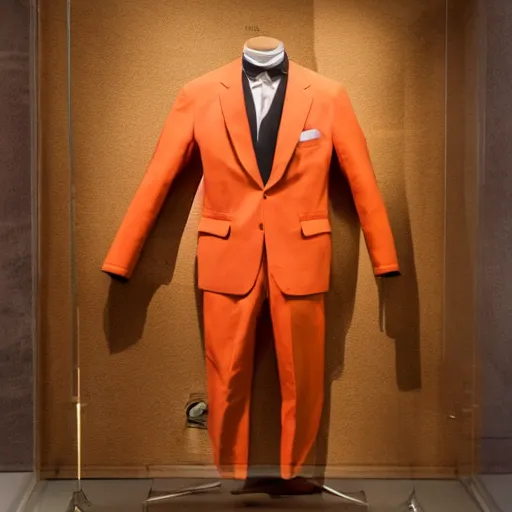 Prompt: photo of a orange full - bodied suit hanging on display in a museum