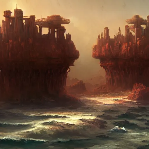 Image similar to a rust - colored terraforming tower jutting out of a vast ocean, sci fi concept art by tyler edlin, antoine blanchard, thomas cole