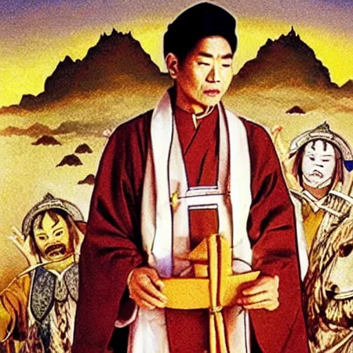 Prompt: Priest Tripitaka on a pilgrimage to India to fetch holy scriptures and save the world, Movie Still