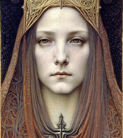 Image similar to detailed realistic beautiful young medieval queen face portrait by jean delville, gustave dore and marco mazzoni, art nouveau, symbolist, visionary, gothic, pre - raphaelite. horizontal symmetry