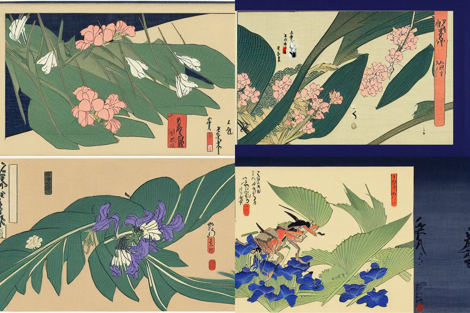 Prompt: a masterful ukiyo - e print of a cricket hidden amongst irises'leaves and flowers by katsushika hokusai and utagawa hiroshige, masterpiece, illustration, paper, subtle, graphic, detailed, 4 k