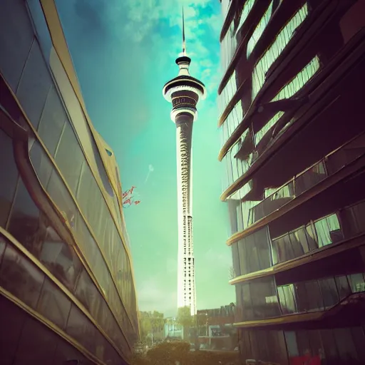 Image similar to auckland sky tower, fantasy, digital art, evil, artstation, octane render