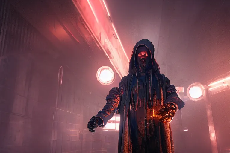 Image similar to tech cyberpunk wizard, heavy robes, cyberpunk armor, smoke, techo cathedral, realistic, octanerender, 4k, neon, cinematic