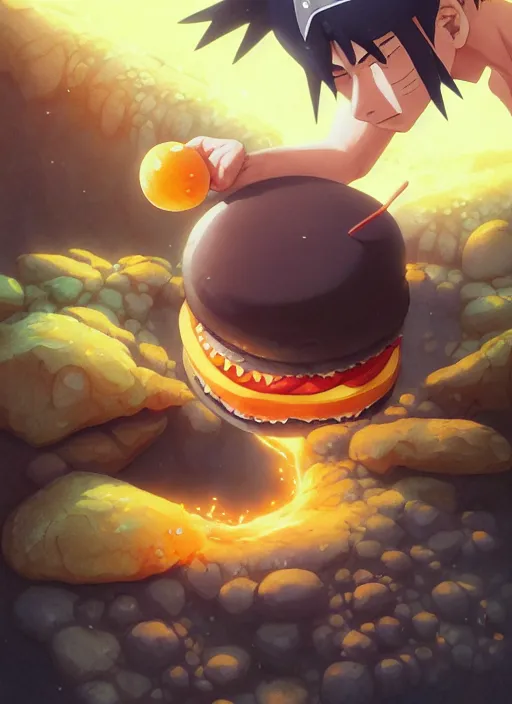 Image similar to highly detailed hamburger consuming naruto uzumaki with black hair, art by greg rutkowski, loish, rhads, ferdinand knab, makoto shinkai and lois van baarle, ilya kuvshinov, rossdraws, tom bagshaw, global illumination, radiant light, detailed and intricate environment