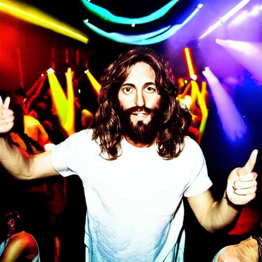 Image similar to jesus in a nightclub at a rave